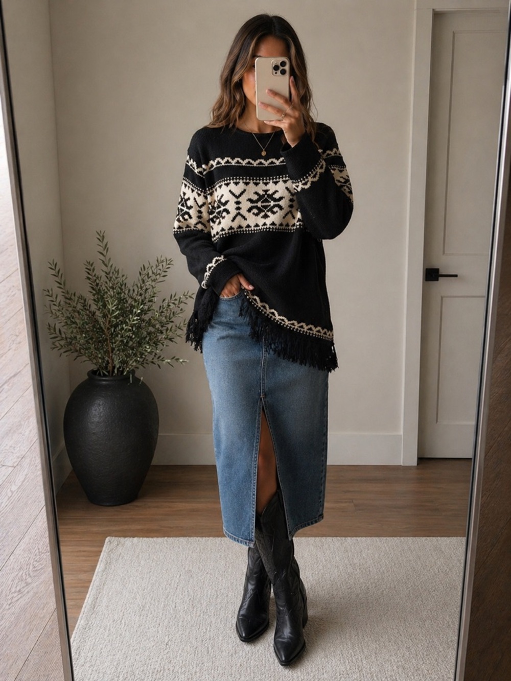 Vintage Nordic Fair Isle Fringe Sweater Black Rollneck Cozy Chic Western Cotton